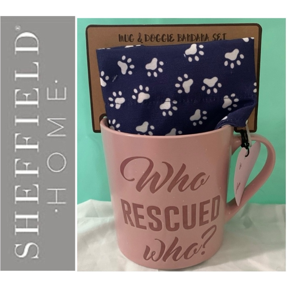 🌺 SHEFFIELD HOME Pink Who Rescued Who? Large Mug & Dog Bandana Set NWT